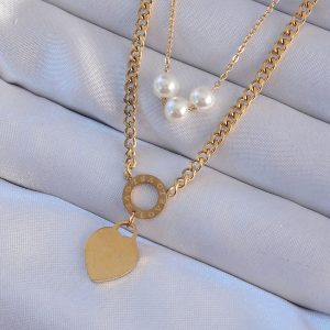 316L Çelik Gold Renk Çift Zincir İnci Detayı Love Kalp Kolye