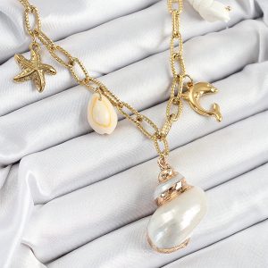 316L Çelik Gold Renk Deniz Kabuğu ve Yıldızı Konseptli Kadın Kolye