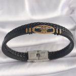 316L Çelik Gold Renk Gemi Dümen Figür Siyah Renk Çift Sıra Burgu Desenli Deri Kordon Erkek Bileklik