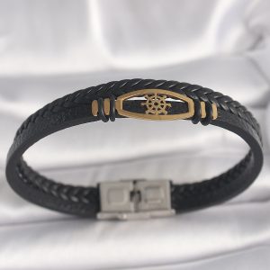 316L Çelik Gold Renk Gemi Dümen Figür Siyah Renk Çift Sıra Burgu Desenli Deri Kordon Erkek Bileklik