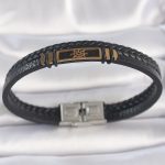 316L Çelik Gold Renk Gemi Dümeni Aksesuarlı Çift Sıra Burgu Desenli Deri Kordon Erkek Bileklik