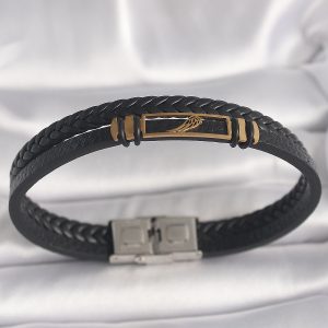 316L Çelik Gold Renk Kanat Aksesuarlı Siyah Burgu Model Deri Kordon Erkek Bileklik