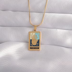 316L Çelik Gold Renk Karışık Mineli El Figür Tarot Kolye