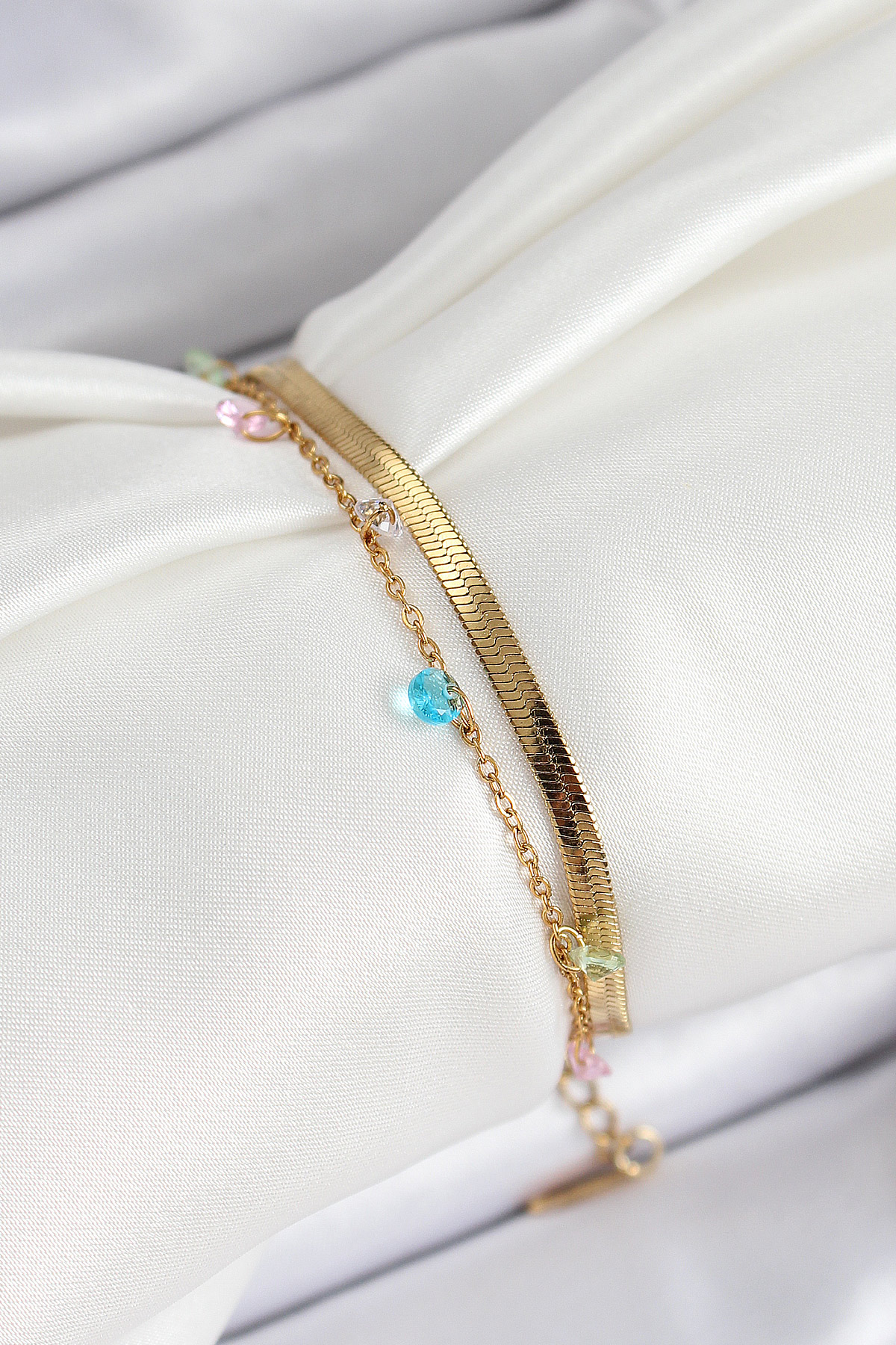 316L Çelik Gold Renk Karışık Renkli Kristal Taşlı 2'li Kadın Bileklik