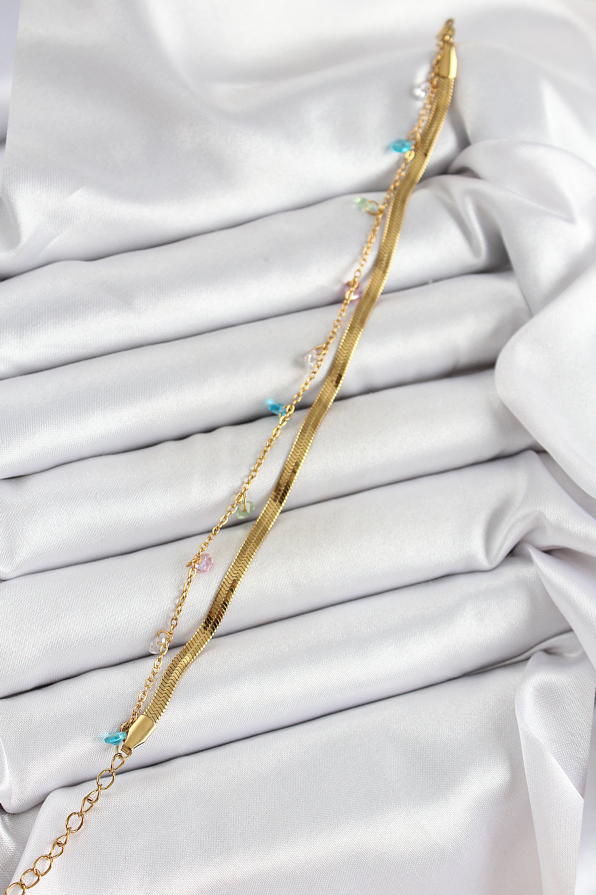 316L Çelik Gold Renk Karışık Renkli Kristal Taşlı 2'li Kadın Bileklik