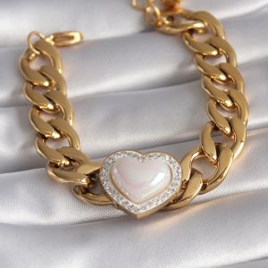 316L Çelik Gold Renk Pembe 3D Kalp Model Zirkon Taşlı Kadın Bileklik