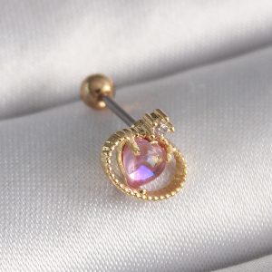 316L Çelik Gold Renk Pembe Mineli Kalp Zirkon Taş Detay Tragus Piercing