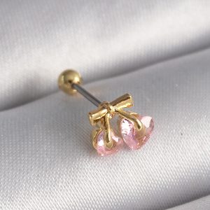 316L Çelik Gold Renk Pembe Zirkon Taşlı Kalp Tragus Piercing