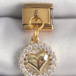 316L Çelik Gold Renk Sallantı Zirkon Taşlı Kalp Model Nomination Charm