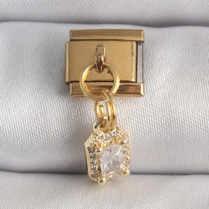316L Çelik Gold Renk Sallantı Zirkon Taşlı Kare Model Nomination Charm