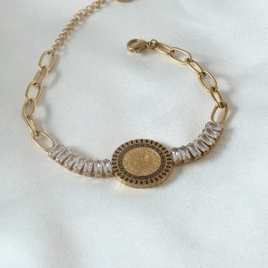 316L Çelik Gold Renk Tam Altın Modelli Zirkon Taşlı Kadın Bileklik