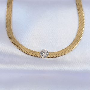 316L Çelik Gold Renk Tek Zirkon Taşlı İtalyan Zincir Kolye