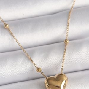 316L Çelik Gold Renk Topçuk Detaylı Zincir Kalp Model Kadın Kolye