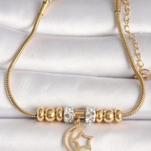 316L Çelik Gold Renk Tüp Zincir Zirkon Taş Detaylı Sallantı Ay Yıldız Figür Kadın Bileklik