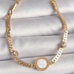 316L Çelik Gold Renk Yassı Zincir Model Zirkon Taş Detaylı Beyaz Mineli Madalyon Model Kadın Bileklik