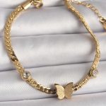 316L Çelik Gold Renk Yassı Zincir Zirkon Taşlı Simli Kelebek Figür Kadın Bileklik