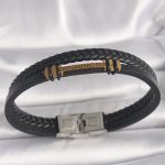 316L Çelik Gold Renk ZikZak İşlemeli Aksesuarlı Çift Sıra Burgu Desenli Deri Kordon Erkek Bileklik