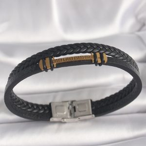 316L Çelik Gold Renk ZikZak İşlemeli Aksesuarlı Çift Sıra Burgu Desenli Deri Kordon Erkek Bileklik