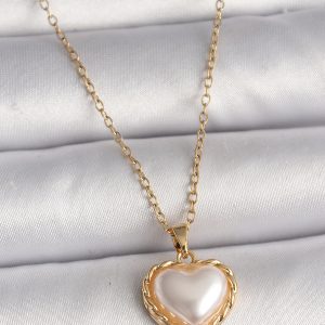 316L Çelik Gold Renk Zincir 3D İnci Kalp Model Kadın Kolye