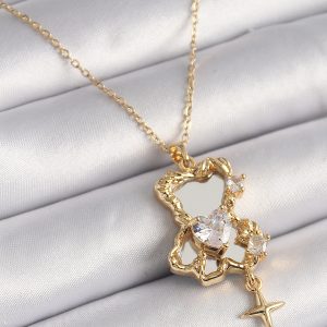 316L Çelik Gold Renk Zincir Ayna Ayıcık Model Zirkon Taşlı Kalp Model Kadın Kolye