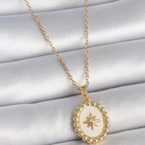 316L Çelik Gold Renk Zincir Beyaz Mineli Kutup Yıldız İşlemeli Madalyon Model Kadın Kolye