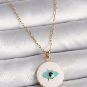 316L Çelik Gold Renk Zincir Beyaz Mineli Turkuaz Göz İşleme Model Kadın Kolye