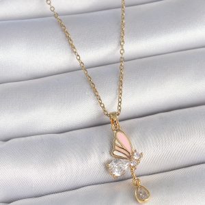 316L Çelik Gold Renk Zincir Damla Zirkon Taşlı Kelebek Model Sallantı Detay Kadın Kolye