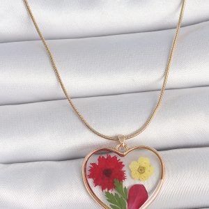 316L Çelik Gold Renk Zincir Epokis Kalp Doğal Çiçek Model Kadın Kolye