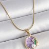 316L Çelik Gold Renk Zincir Mor Çiçek İşlemeli Zirkon Taş İnci Detaylı Minimal Portre Model Kadın Kolye