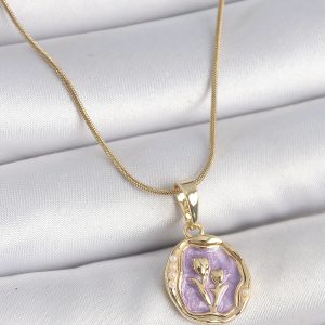 316L Çelik Gold Renk Zincir Mor Mineli Çiçek İşlemeli Portre Model Kadın Kolye