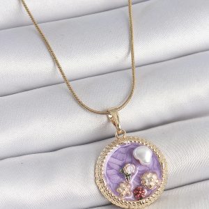 316L Çelik Gold Renk Zincir Mor Mineli İncili Çiçek İşlemeli Madalyon Model Kadın Kolye