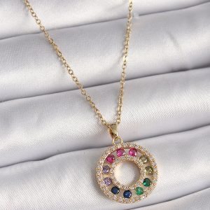 316L Çelik Gold Renk Zincir Renkli Zirkon Taşlı Madalyon Model Kadın Kolye