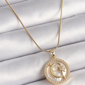 316L Çelik Gold Renk Zincir Zirkon Taş Detaylı Beyaz Sedefli Ay Yıldız Model Kadın Kolye