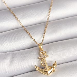 316L Çelik Gold Renk Zincir Zirkon Taş Detaylı Çapa Model Kadın Kolye