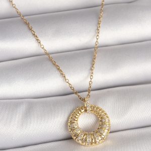 316L Çelik Gold Renk Zincir Zirkon Taş İşlemeli Daire Model Kadın Kolye