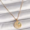 316L Çelik Gold Renk Zincir Zirkon Taş İşlemeli Mavi Taş Detaylı Madalyon Model Kadın Kolye