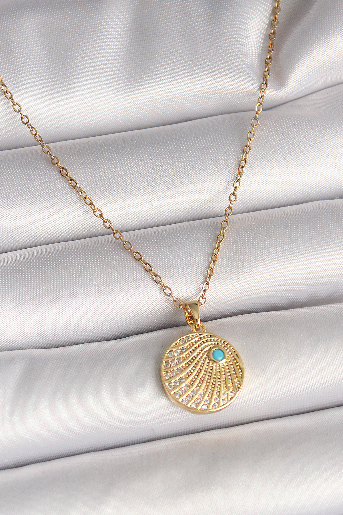 316L Çelik Gold Renk Zincir Zirkon Taş İşlemeli Mavi Taş Detaylı Madalyon Model Kadın Kolye