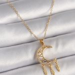 316L Çelik Gold Renk Zincir Zirkon Taşlı Hilal Model Sallantı Yaprak Detay Kadın Kolye