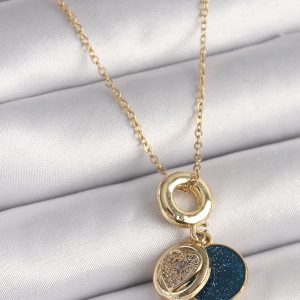 316L Çelik Gold Renk Zincir Zirkon Taşlı Kalp Model Mavi Simli Kadın Kolye