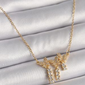 316L Çelik Gold Renk Zincir Zirkon Taşlı Kelebek Model Sallantı Detay Kadın Kolye