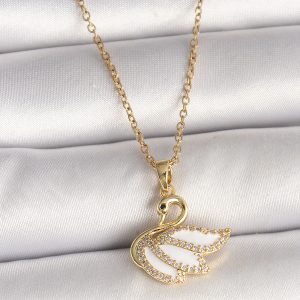 316L Çelik Gold Renk Zincir Zirkon Taşlı Kuğu Model Kadın Kolye