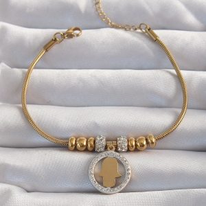 316L Çelik Gold Renk Zirkon Taş Aksesuarlı Fatma Ana Eli Bileklik