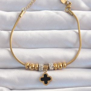 316L Çelik Gold Renk Zirkon Taş Aksesuarlı Siyah Mineli Yonca Bileklik