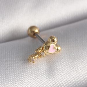 316L Çelik Gold Renk Zirkon Taş Detay Pembe Kalp İşleme Tragus Piercing