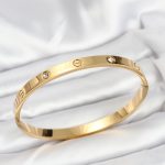 316L Çelik Gold Renk Zirkon Taşlı 65 mm Kadın Kelepçe Bileklik