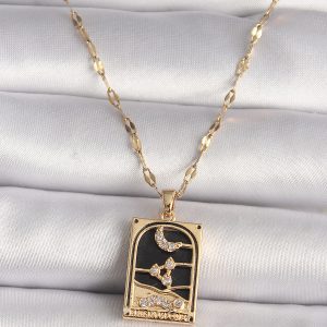 316L Çelik Gold Renk Zirkon Taşlı Ay Figürlü Tarot Model Kadın Kolye