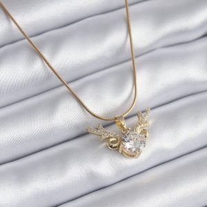 316L Çelik Gold Renk Zirkon Taşlı Boynuz Model Kadın Kolye