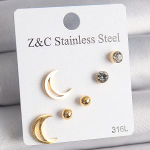 316L Çelik Gold Renk Zirkon Taşlı Hilal Model Kadın Küpe Seti