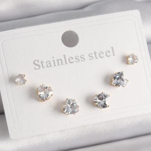 316L Çelik Gold Renk Zirkon Taşlı Kalp Model Kadın Küpe Seti