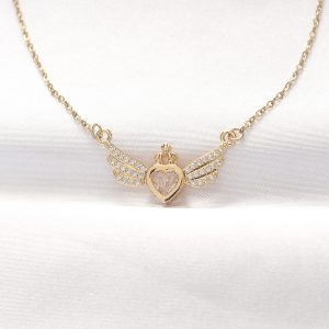 316L Çelik Gold Renk Zirkon Taşlı Kalpli Kanat Kolye